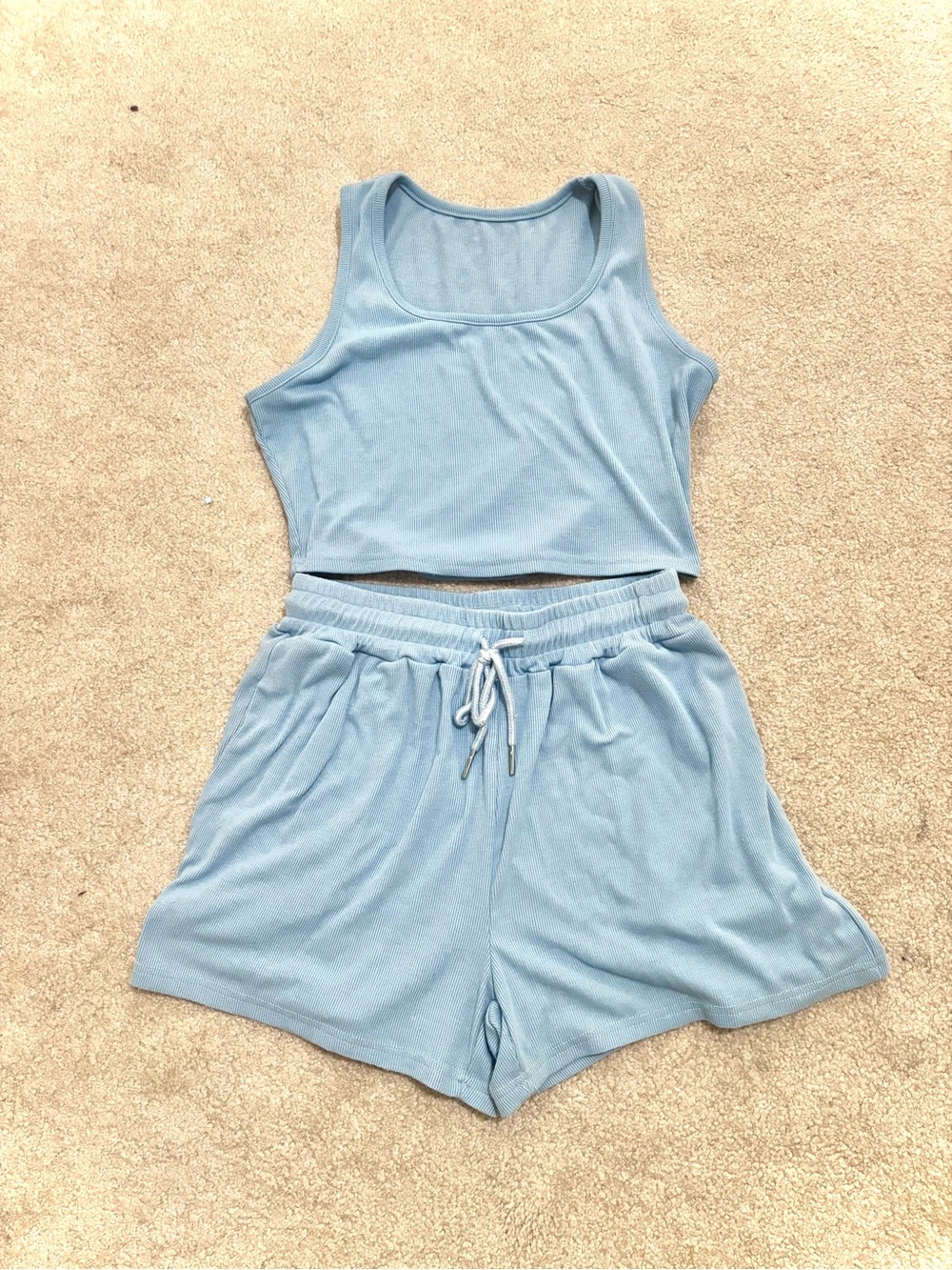 Blue Ribbed Knit Crop Tank Top Paired w/ Matching Drawstring Shorts Size XS